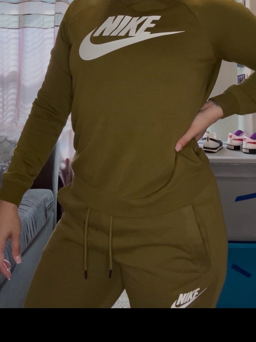Nike Olive Green Fleece Jogger Set with White Logo
